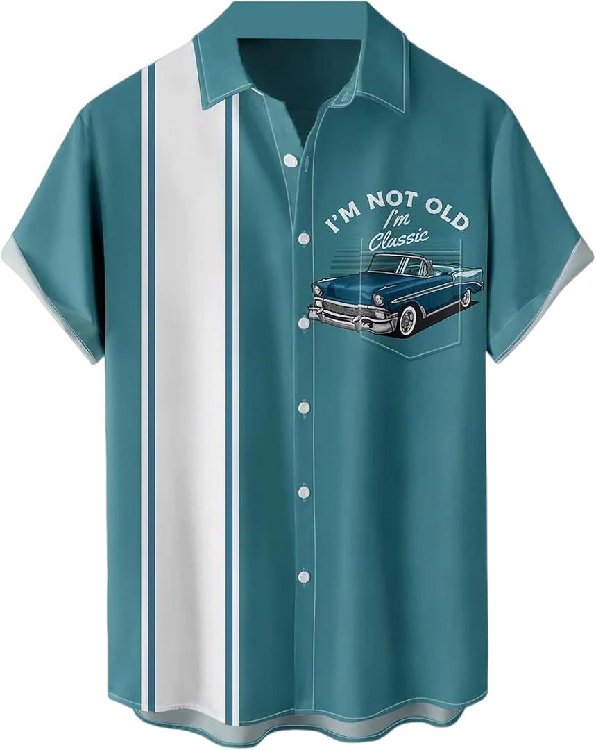 Bowling Shirts for Men Hawaiian Printed Short Sleeve Casual Button Down Beach Shirts (X-Large, Bowling Car Blue)