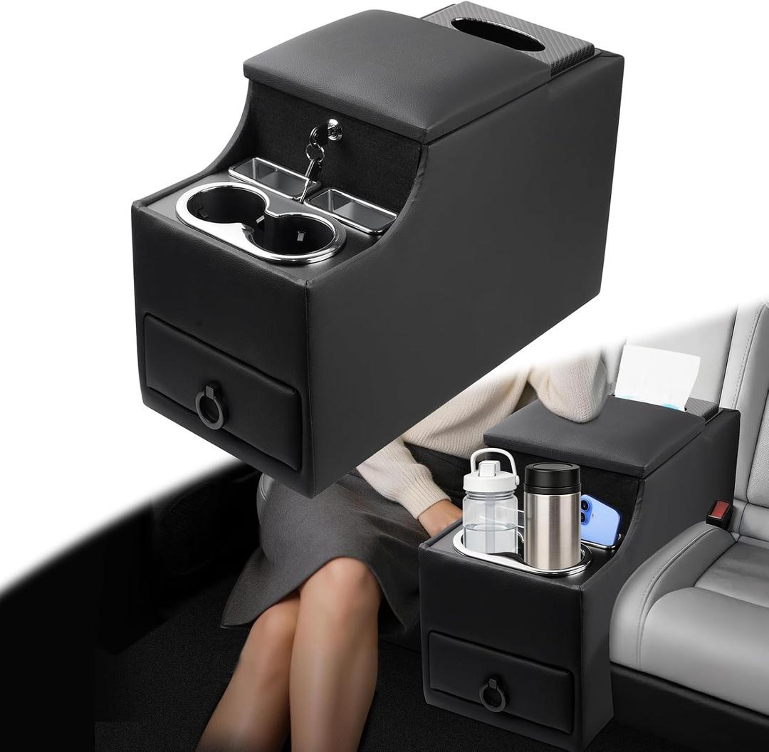 Mixsuper Center Console Between Seat Organizer for Minivans & SUVs Floor Console Universal Car Storage Box with Cup Holders, Phone Slot and Tissue Box