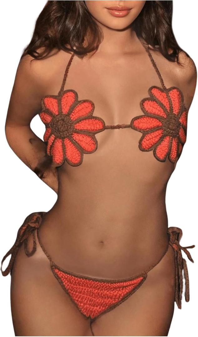 WDIRARA Women's 2 Pieces Bikini Sets Floral Crochet Boho Tie Side Swimsuits Bathing Suits (Orange, S)