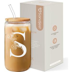 SANDJEST Monogrammed Gifts for Women - Monogram S Initial Glass Cup 16 Oz Can Coffee Cups with Lid and Straw - Monogram Initials Gifts for Womens on Birthday SANDJEST Monogrammed Gifts for Women - Monogram S Initial Glass Cup 16 Oz Can Coffee Cups with Lid and Straw - Monogram Initials Gifts for Womens on Birthday