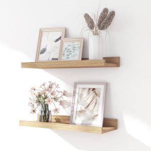 Floating Shelves for Wall Decor, Wall Mounted Wood Storage Shelf for Bedroom, Living Room, Bathroom, Kitchen, Nursery, Display Picture Ledge Shelf with Lip Set of 2-14 Inches, Oak (13.6in)