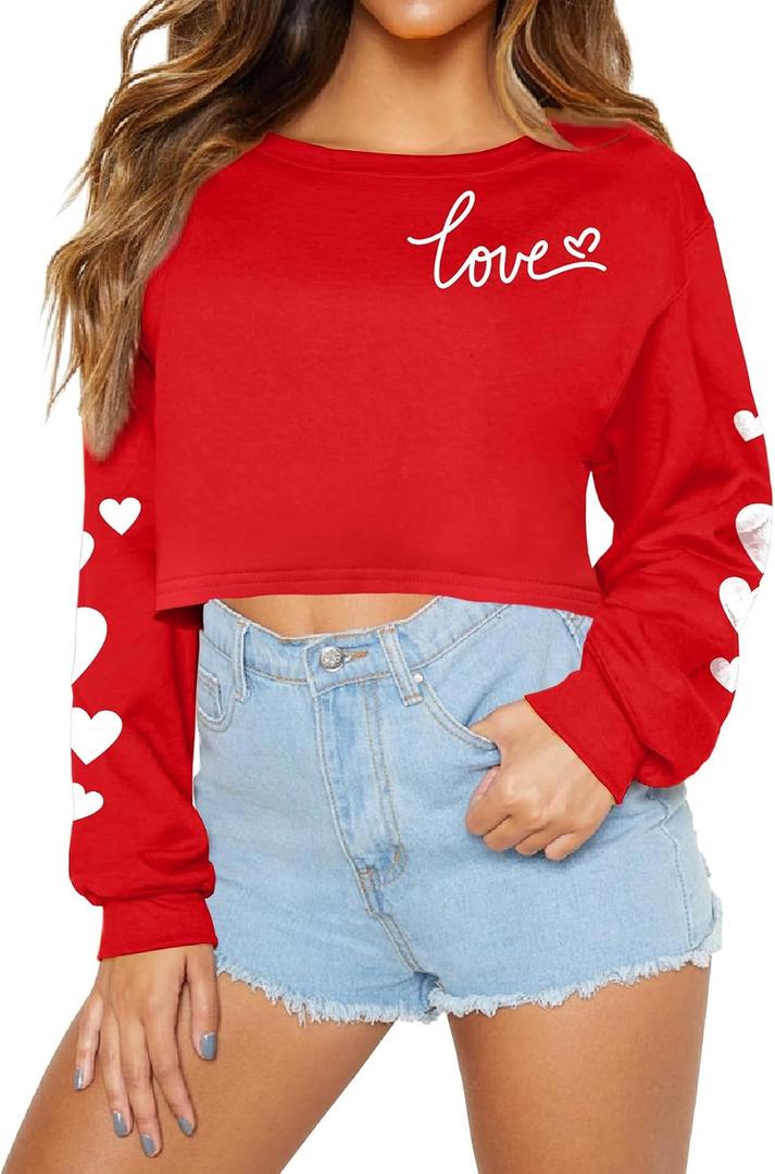 Women's Valentine's Day Cute Long Sleeve Tops Love Script Graphic Cropped Sweatshirts Romantic Heart Sleeve Pullover S (Red, S)