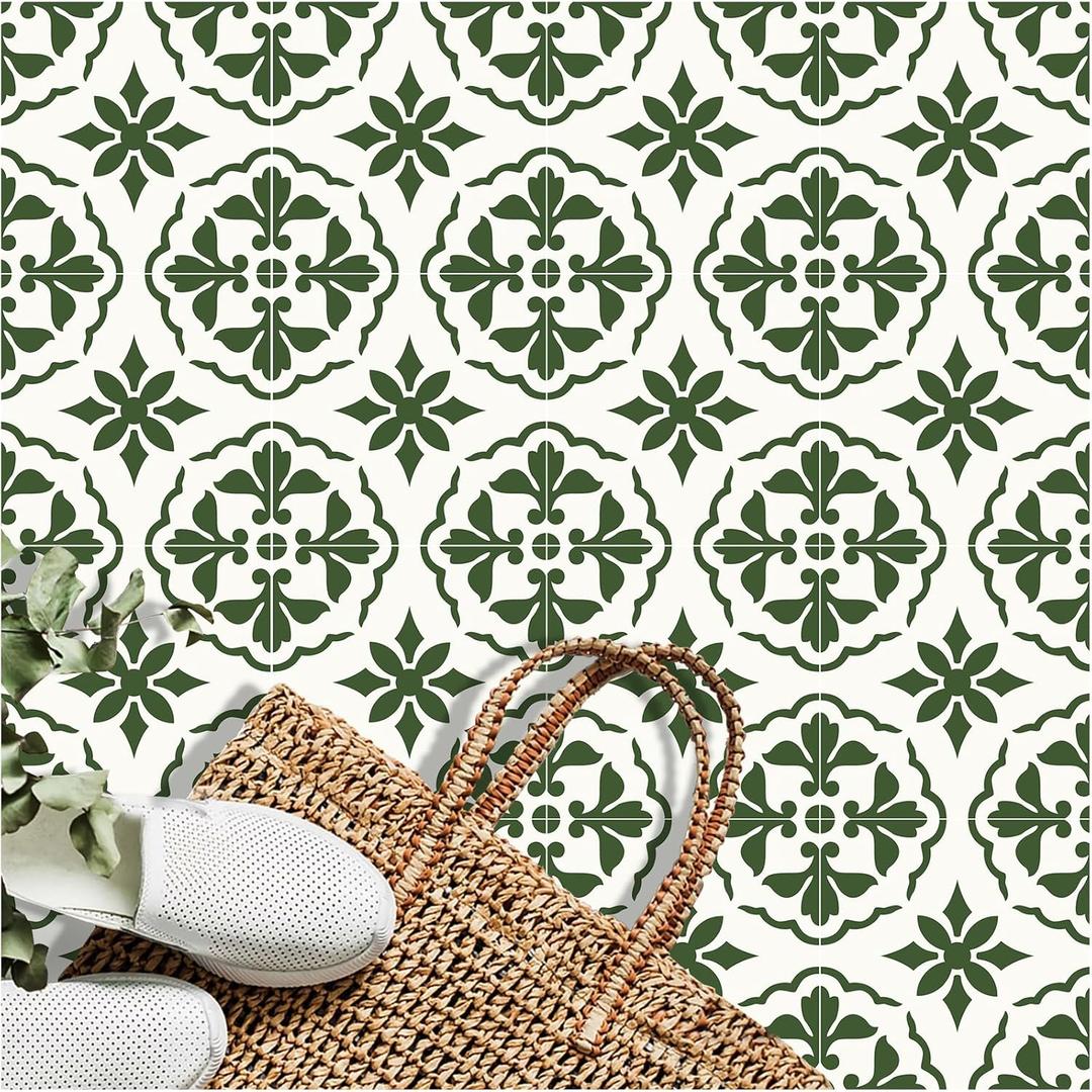 MORCART 7.87" x 7.87" Peel and Stick Floor Tile, 20 PCS Self-Adhesive DIY Vinyl Flooring for Renters, Removable and Waterproof Tile Sticker for Bathroom, Kitchen, Staircase (Green Retro Design)