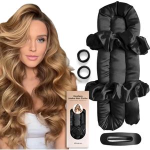 BLINKEEN Jumbo Heatless Hair Curler Set-Satin Heatless Curls Overnight, Jumbo Curling Rod Headband, No Heat Curlers To Sleep in (Black)