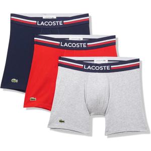 Lacoste mens Cotton Stretch Print Animation Boxer Briefs, 3-pack (Medium, Navy Blue/Dove Grey/Red)