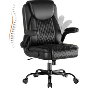 GTPLAYER Leather Office Chair, Home Desk Chair with Flip-up Arms and Ergonomic Back - Comfy Heavy Duty Executive Chair for Home Office Gaming, Black, 24.4 inches x 19 inches x 41.1 inches