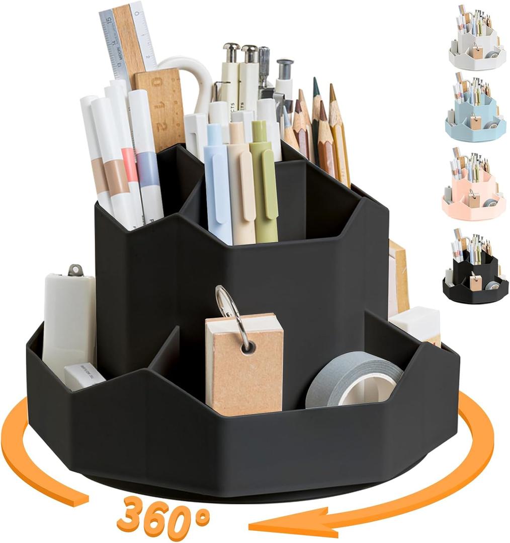 Pencil Pen Holder for Desk, 9 Slots 360 Degree Rotating Desk Organizers, Desktop Storage Stationery Supplies Organizer, Cute Pencil Cup Pot For Office, School, Home(Black)