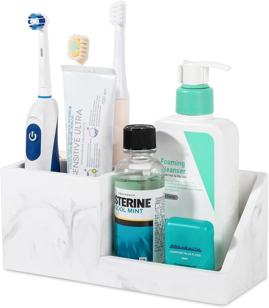 Diatomite Toothbrush Holders for Bathrooms, Quick Dry Electric Tooth Brush and Toothpaste Organizer Bathroom Accessories for Countertop, Vanity, Sink - Marble White (Large)