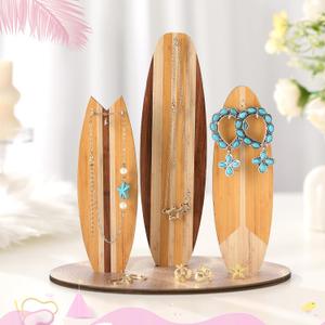 Wonderjune Jewelry Organizer Stand, Coastal Christmas Surfboard Decor, Preppy Beach Room Decor, Wooden Hawaii Surfer Gift, Teen Girl Room Decoration(Wood Color)