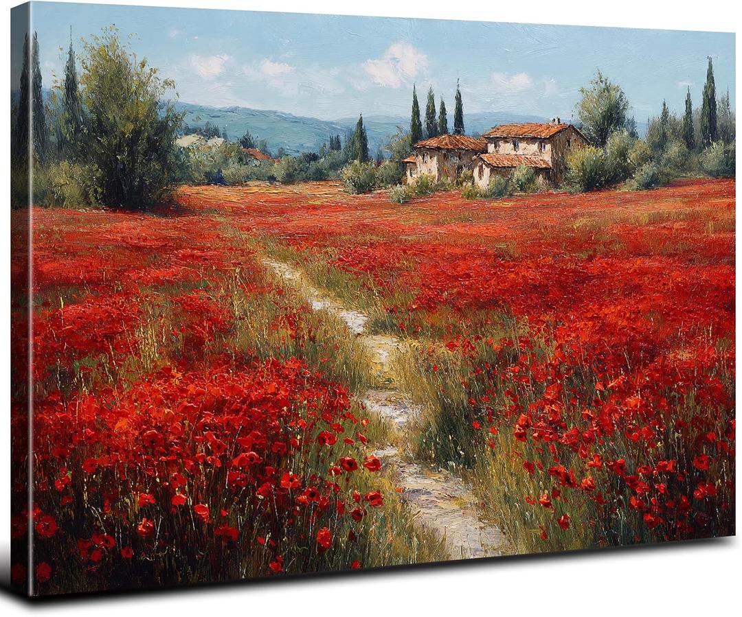 Abstract Red Poppy Wall Art Nature Flowers Botanical Wall Decor Farmhouse Spring Floral Pictures for Bathroom Rustic Country Wildflowers Painting Artwork for Living Room Bedroom Home Decoration 12x16"
