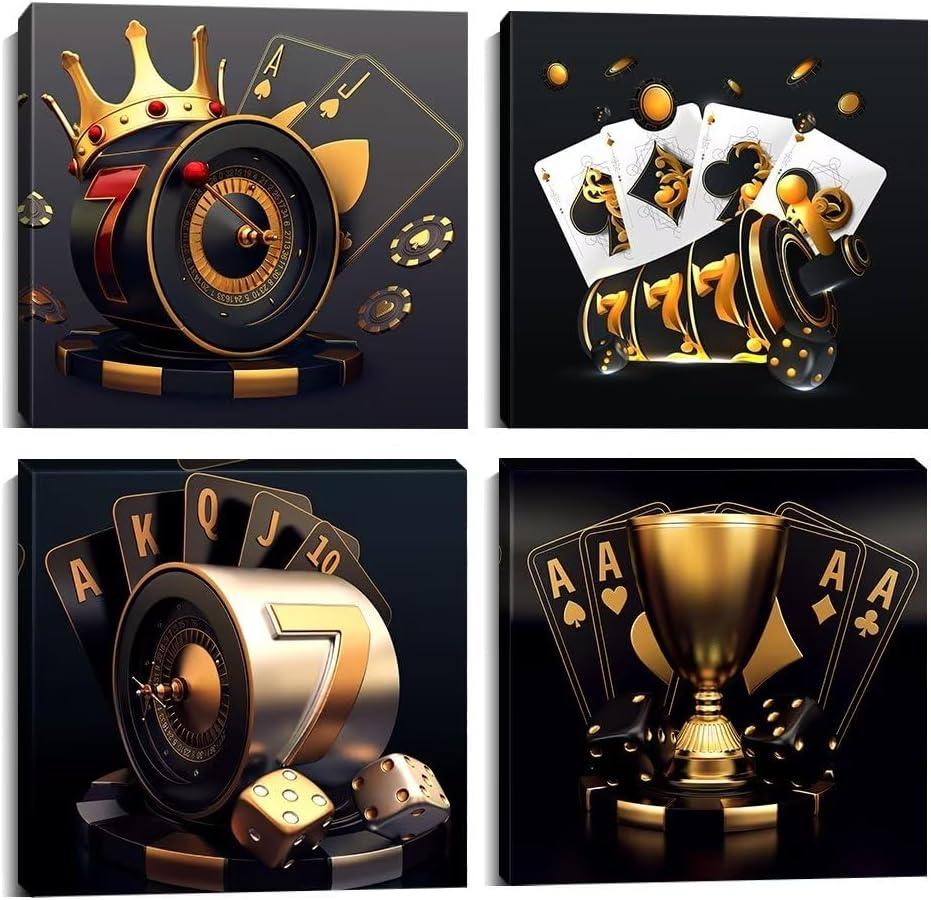 Wall HDQ Casino Wall Art Black and Gold Wall Decor Poker Dice Chips Canvas Painting for Bar Hotel Play Room Gaming Room Party Home Decor Ready to Hang - 16''x16'' x 4Pcs (010)