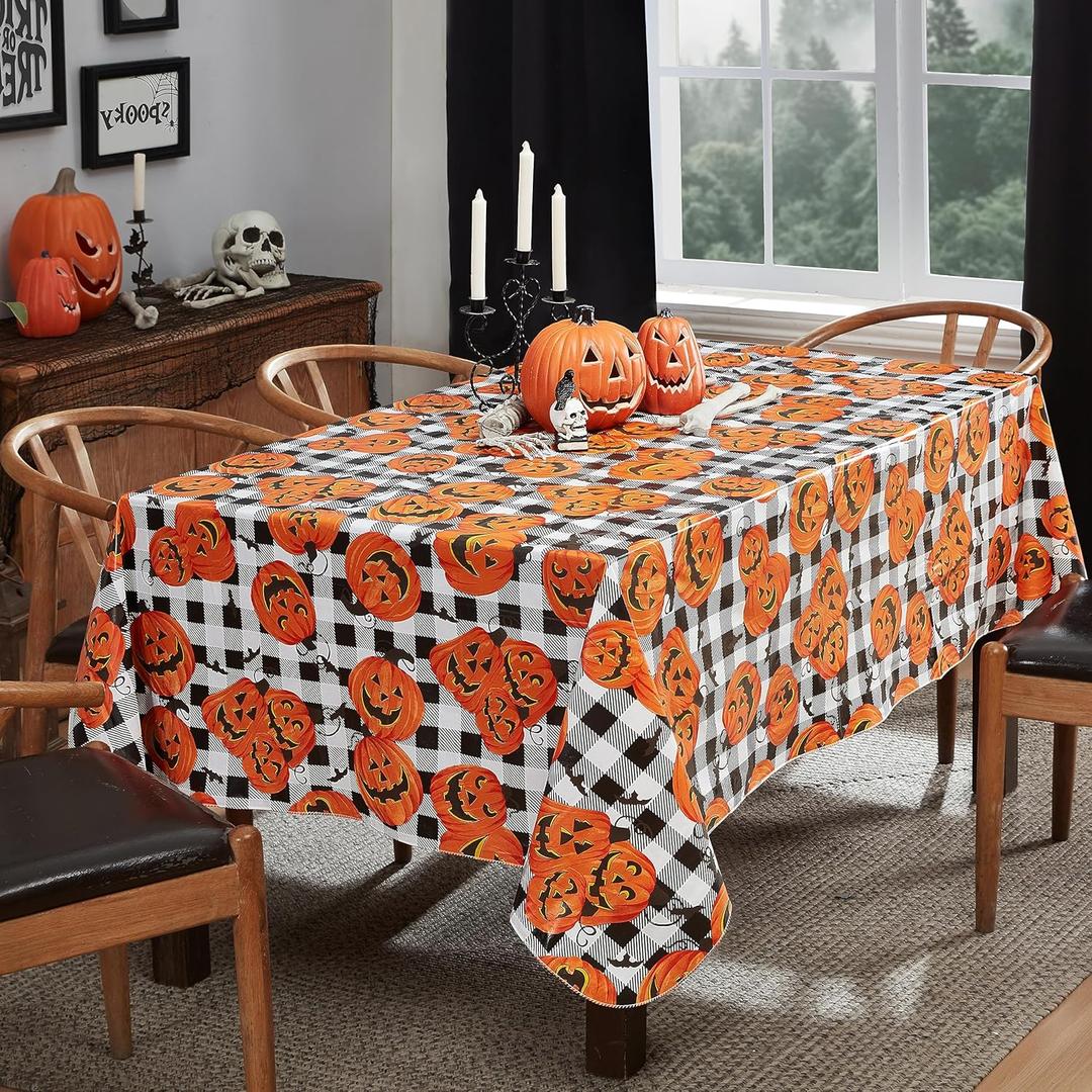 Newbridge Halloween Jack O Lantern Pumpkin Farm 60 x 102 Inch Rectangle Vinyl Tablecloth with Flannel Backing, Black and White Check Pumpkin Design, Easy Care Wipe Clean Table Cover