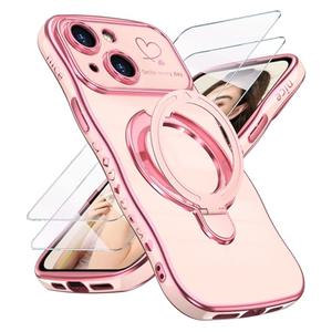 Liufcx for iPhone 14 Case with Screen Protector: Luxury Plated Gold Cute Wavy Edge Love Heart Pattern Kickstand Case, Slim Soft TPU Full Camera Shockproof Protection Cover for iPhone 14 (Pink)