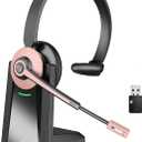 Wireless Headset with Mic for Work, Wireless Headset with Microphone (Noise Cancelling & Mute Button, USB Dongle & Charging Base), Bluetooth Headphones for Home/Office/Computer/Laptop/Phone/Teams/Zoom