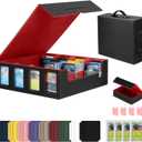 PU Leather Storage Case Fits with Display,3000+ Cards,4-Row Deck Case with Removable Lid,with1Dice tray for dice,24 Colorful Dividers & 4 Card Supporters forTCG Game Cards (Black/Red)