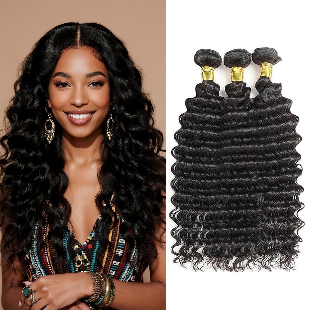 Deep Wave Human Hair Bundles 1B Natural Black 20 22 24 Inch 12A Brazilian Virgin Remy Hair Extensions 3 Bundles Full Curly Weave for Black Women