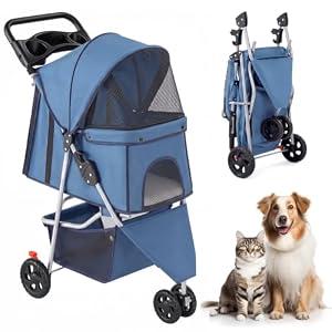 KMFurnila 3 Wheel Pet Stroller for Dogs and Cats, Foldable Design