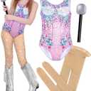 Kids Halloween Costume  Girls Bodysuit Outfit with Toy Microphone & Stockings, Concert Tour Cosplay for Ages 5-12