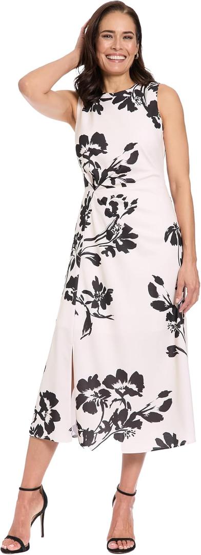 London Times Women's Sleeveless Round Neck Sheath Midi Wedding Guest Dresses 10