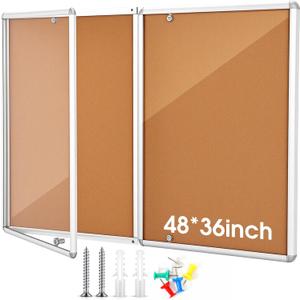 Motipuns Enclosed Bulletin Board 48" x 36" Weatherproof Lockable Outdoor Cork Case Display Board Wall Mounted 2 Locking Door Aluminum Frame for Office, School, Commercial, Hospital, 12 x A4(Wood)
