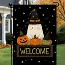 Halloween Garden Flag With Cute Friendly Ghost And Three Pumpkins Outdoor Yard Decor 12x18 Inch Double Sided Seasonal Fall Flags For Front Porch Lawn Decor Welcome Spooky Holiday Decoration