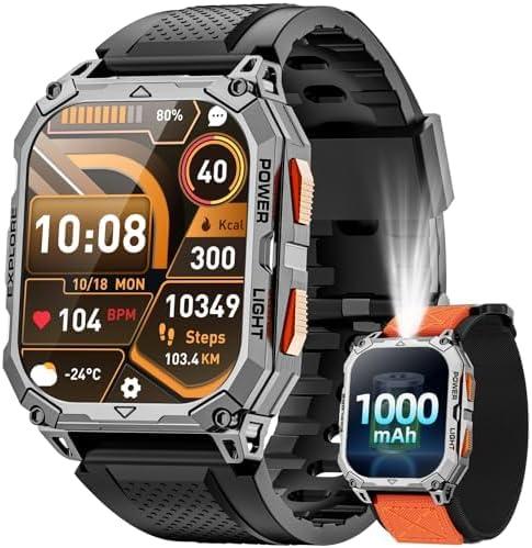 Military Smart Watches for Men, 2.01" HD Smartwatch with 1000 mAh Battery/2 Straps/Answer/Make Call/Led Flashlight/Heart Rate/Sleep Monitor, 100+ Sport Modes Fitness Tracker for Android/iPhone