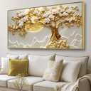 Large Framed Golden Yellow Tree Wall Art, Luxury Floral Canvas Decor with Yellow Moon, Ready to Hang Wall Hanging for Living Room Bedroom Office, 29x58 Inch.