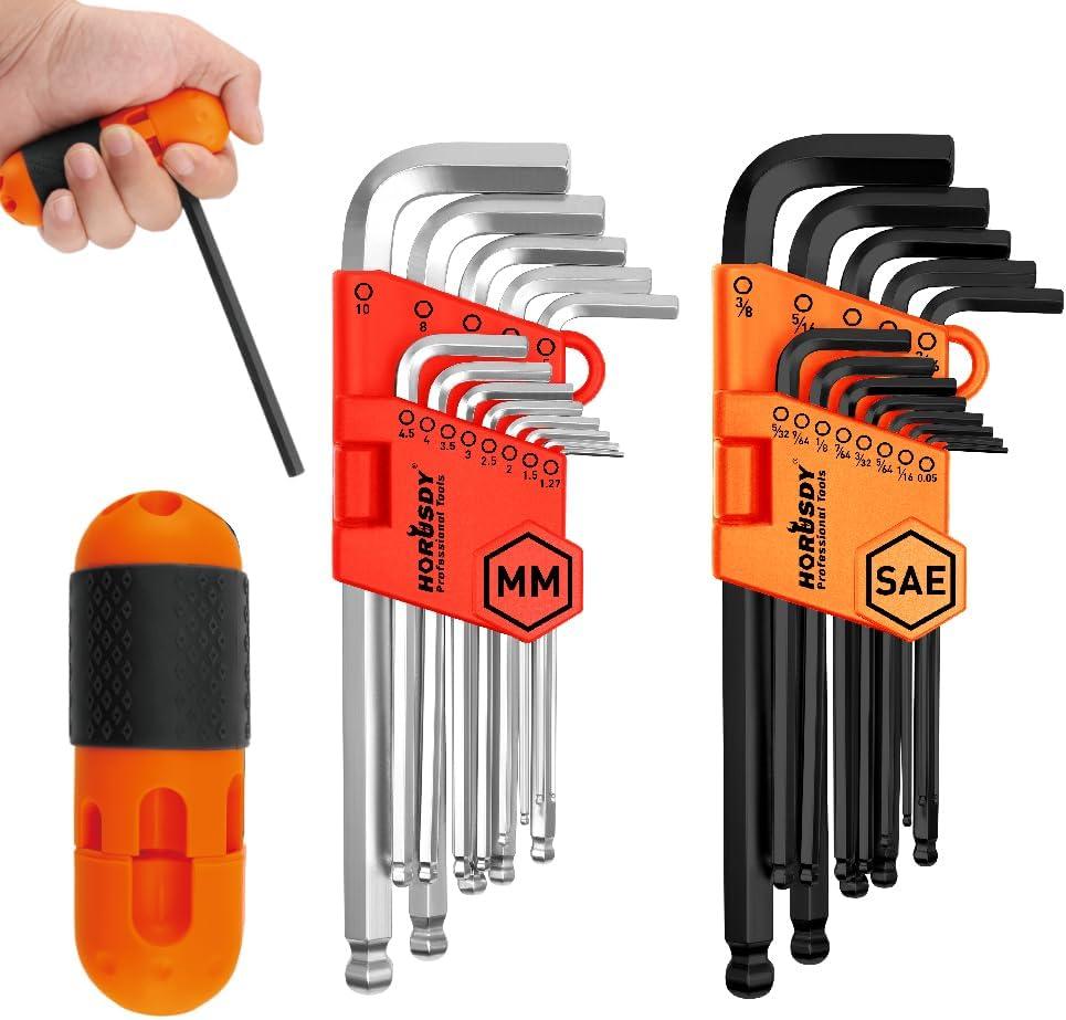 HORUSDY 27PCS Durable Hex Key Allen Wrench Long Arm Set with Ball End, Metric and Standard Sizes Allen Key Set with Another T Handle, Heat-treated CR-V Steel