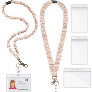 Geyoga 2 Set Teacher Scrunchie Lanyard with Safety Breakaway Buckle ID Badges Holder Retractable Lanyard for Office Teacher Gift(Pure Color Style,Beige)