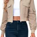 Fisoew Women's Cropped Bomber Jackets Lightweight Zip Up Stand Collar Long Sleeve Short Jacket with Pockets