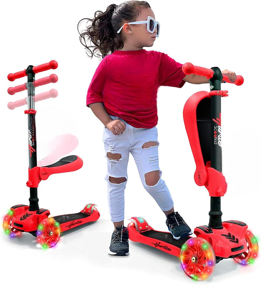 Hurtle 3-Wheeled Scooter for Kids - Wheel LED Lights, Adjustable Lean-to-Steer Handlebar, and Foldable Seat - Sit or Stand Ride with Brake for Boys and Girls Ages 1-14 Years Old (Red)
