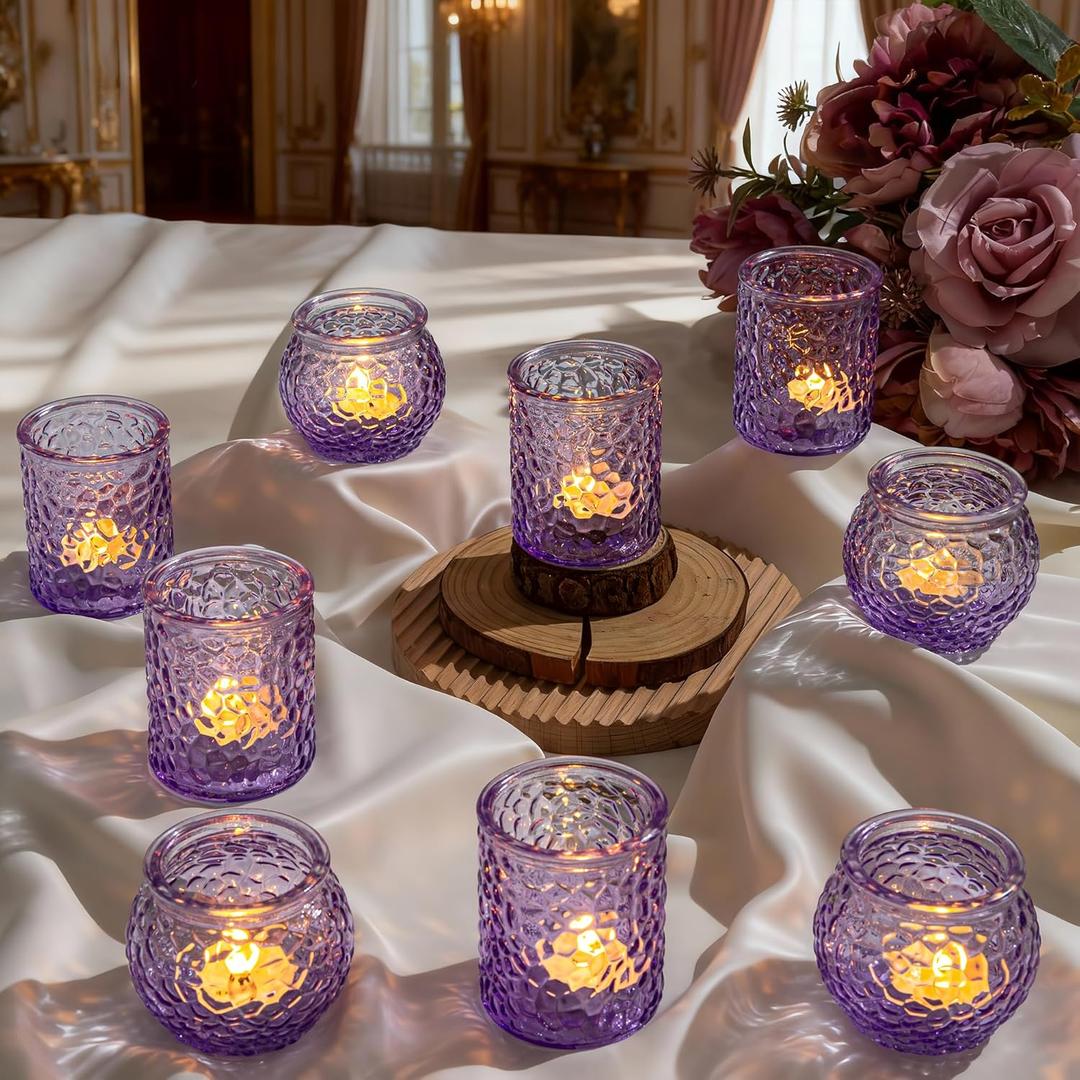 24-Piece Purple Glass Votive Candle Holders Set Tealight Candle Holder Glass Bulk with 12 Round & 12 Hammered Textured Cups, Purple Votive Candle Holders for Weddings, Parties, Home