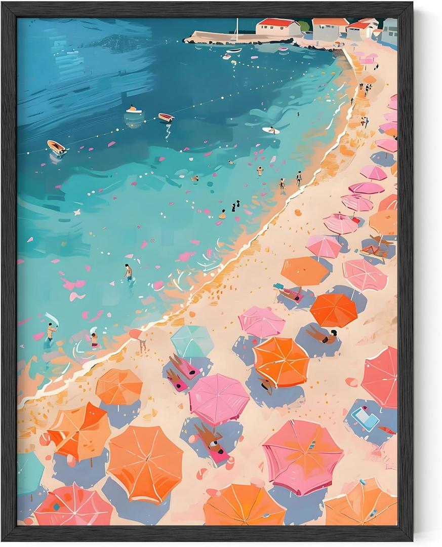HAUS AND HUES Beach Wall Art - Coastal Art Print for Living Room, Beachy Wall Decor for Ocean-themed Bedroom, Modern Coastal Beach Painting(Pink Orange Beach 2, Unframed, 12x16)
