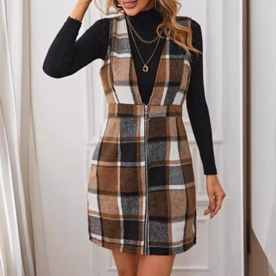 Women's Lapel Single-Breasted Plaid Dress  Size L