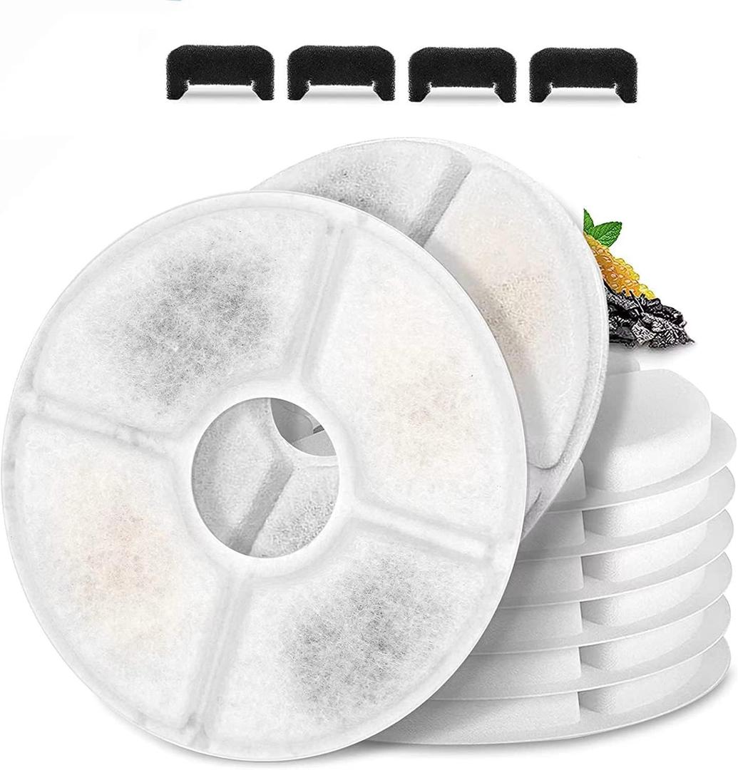 Cat/ Pet Water Fountain Filters, 12 Pieces Set Pack of 8 Replacement Filter Fit for 81oz/ 2.4L, 3 Filtration System with 4 Pre-Filter Sponges
