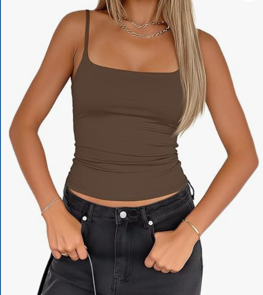 Darong Women Padded Tank Top Built in Bra Adjustable Spaghetti Straps Double Lined Basic Cami Shirt (Brown, S)