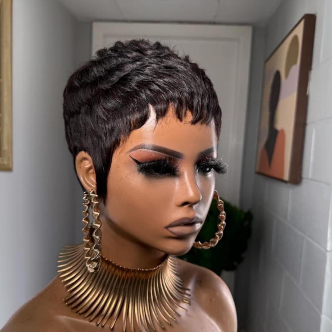 Short Wigs for Black Women Glueless Pixie Cut Human Hair Wigs With Bangs Natural Black Color Wear and go Breathable Lightweight Wig for Everyday Use