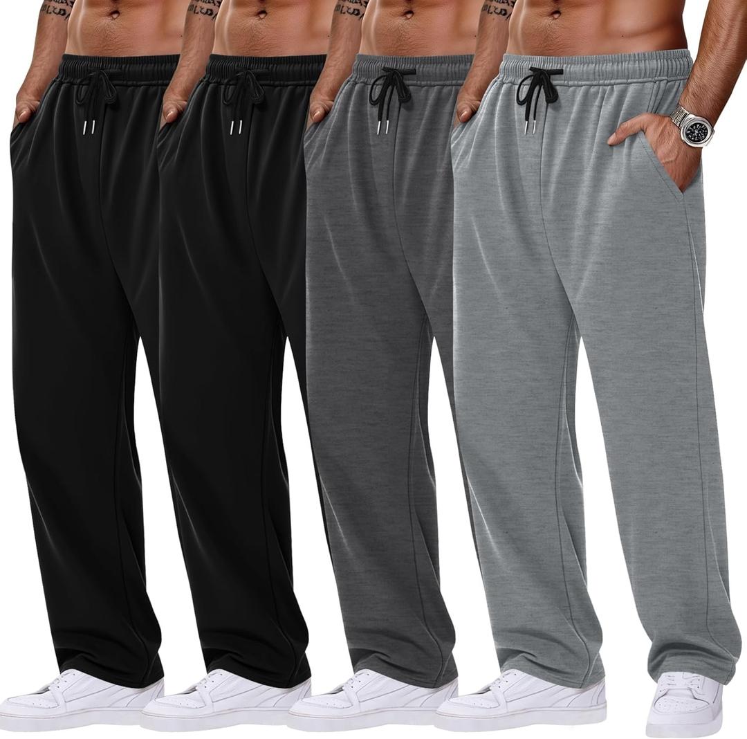 August Alley 4 Pack Men's Sweatpants Open Bottom with Pockets Drawstring Athletic Lounge Joggers Baggy Workout Pants (Large, Black, Black, Dark Mixed Gray, Light Mixed Gray)