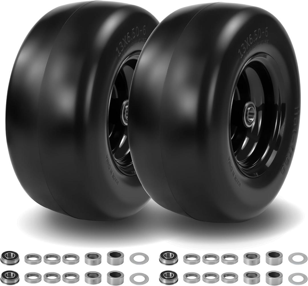 2 Pcs 136.50-6 Flat Free Lawn Mower Tires and Wheels, with 3/4" & 5/8" Bearing, 13x6.50-6 Zero Turn Mower Front Tires for Commercial Garden Lawn, 4"- 8.2" Centered Hub