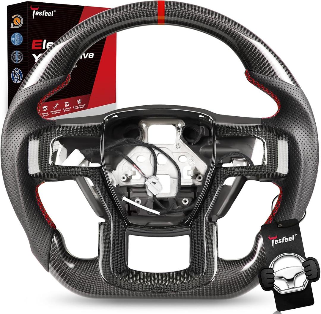 Real Carbon Fiber Steering Wheel for Ford F150 Raptor Gen 2 (2017-2020), Includes Matching Trim, Heated Function, D-Shape, Nappa Perforated Leather, for Raptor with Paddle Shifters Models