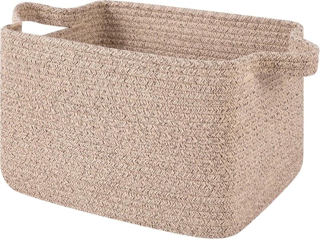 OIAHOMY Woven Storage Basket for Shelves, Rectangle Cotton Rope Baskets for Organizing, 13 x 10 x 9 in, Storage Bins for Dog Toys,Towel,Books,Gift,Brown