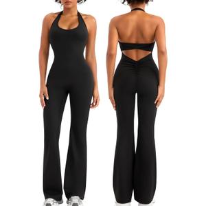 Relety Womens Flare Jumpsuits One Piece Halter Neck Twist Back Sleeveless Butt Scrunch Workout Romper Yoga Bodycon Unitard (Black) Large