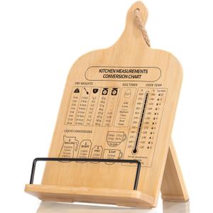 Bamboo Cookbook Stand, Sturdy Cook Book Holder, Recipe Book Holder with Measurement Conversion Chart, Cookbook Stand for Kitchen Counters, Essential Accessories for Holding Cookbooks