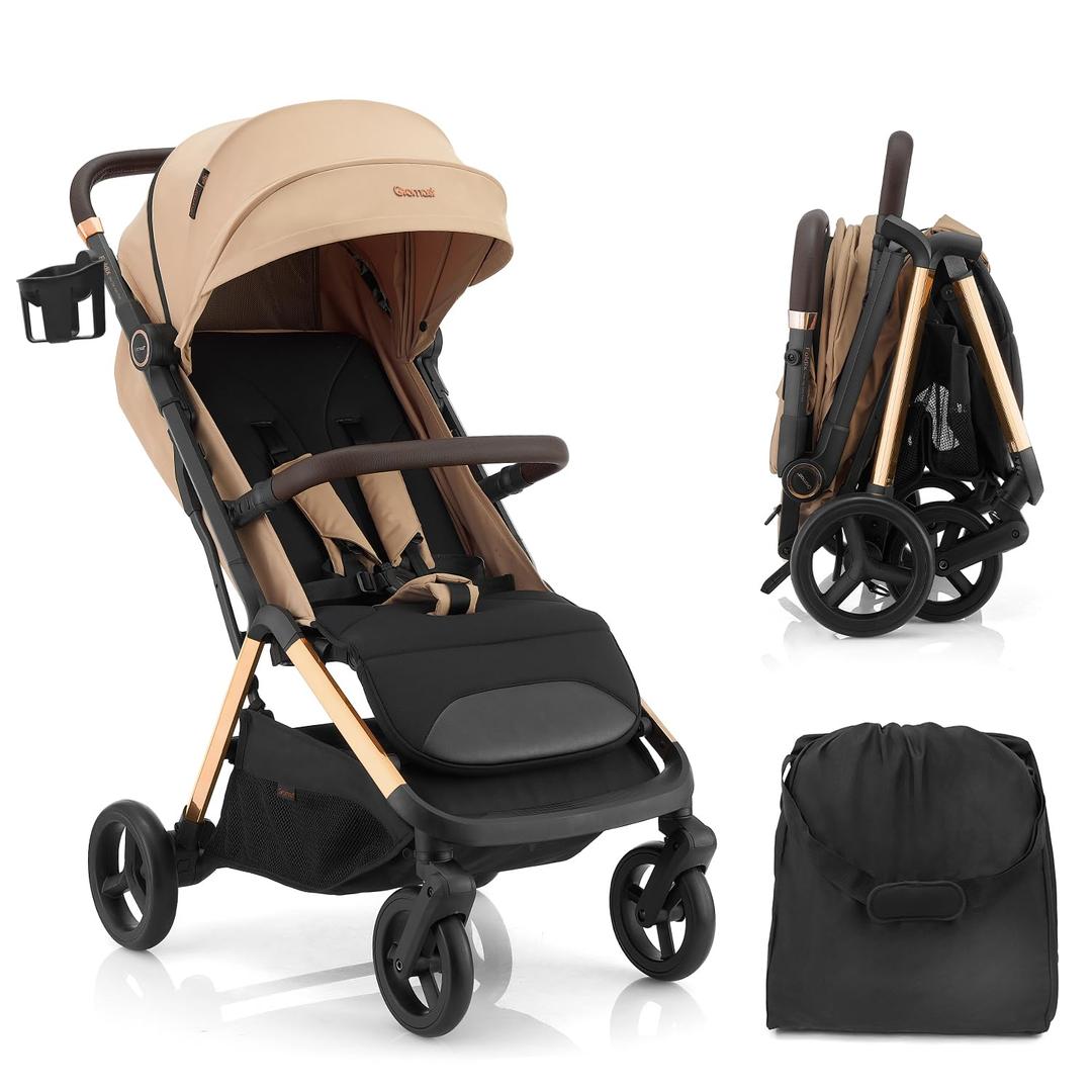 Gromast 2 in 1 Baby Stroller, Portable Travel Newborn Toddler Stroller with Cup Holder & UPF 50+ Canopy, One-Hand Automatic Folding - Khaki