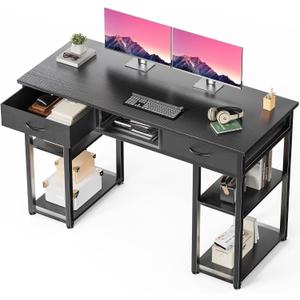 DUMOS 48" Small Computer Home Office Desk for Bedroom with Drawers, Gaming Writing Study Table with Storage Shelf, Adjustable Feet, Metal Frame Black