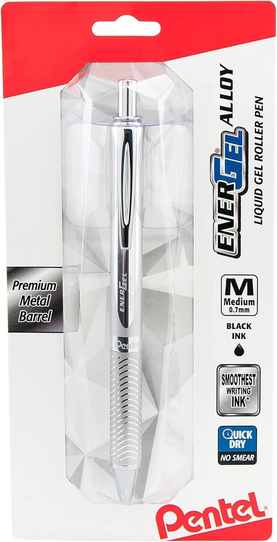 2 x Pentel Energel Alloy Retractable Liquid Gel Pen, (0.7mm) Medium Line, Silver Barrel, Black Ink, 1 Pack (BL407BP)