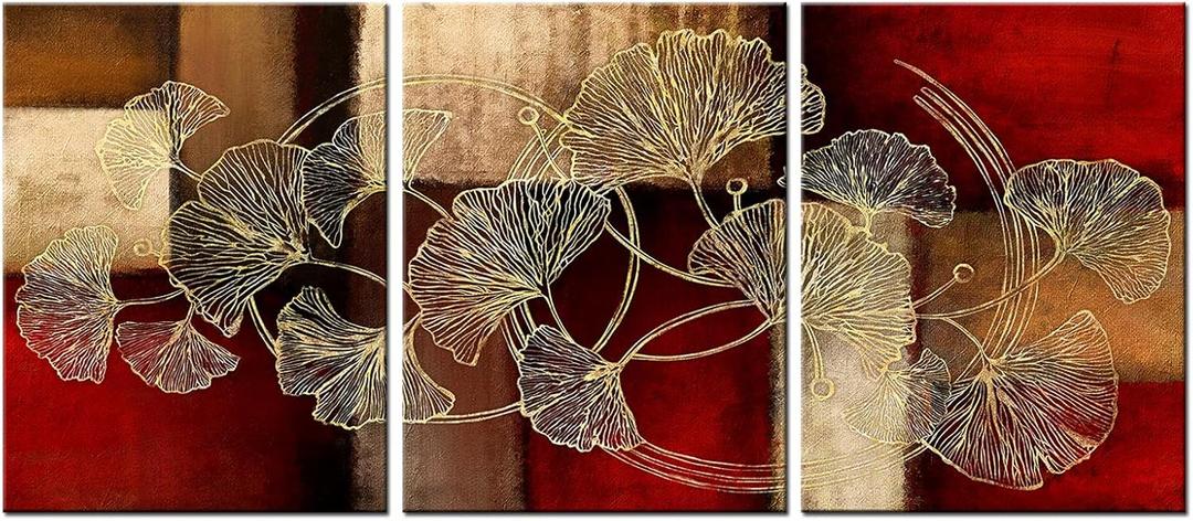 sechars Golden Ginkgo Leaf Canvas Wall Art Abstract Plant Leaves Paintings Pictures Modern Red Home Bedroom Bathroom Wall Decoration Gallery Wrapped Ready to Hang (Red)