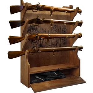 Four Gun Wooden Gun Display Rack with Cabinet Storage Compartment and Soft Pad for Rifle Accessories Shotgun Rifle Rack for Wall Mount Home Indoor Decor, Deer Pattern