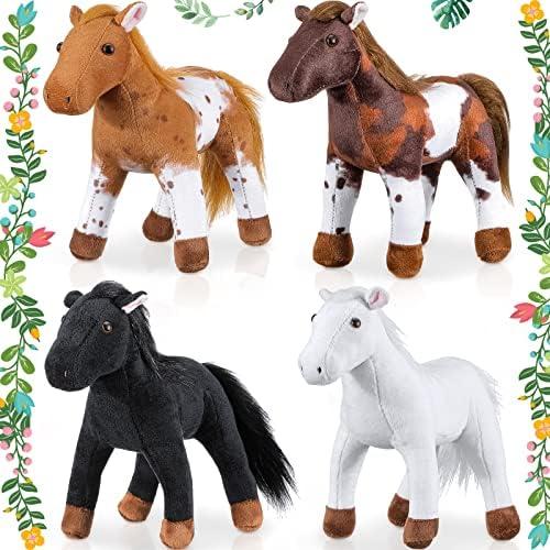 Skylety 4 Pcs Stuffed Horse Toy 8 Inch Horse Plush Stuffed Animals Cute Plush Assorted Toy Brown Animals Gifts Party Favors Supplies Decoration(Standing Spotted Style)
