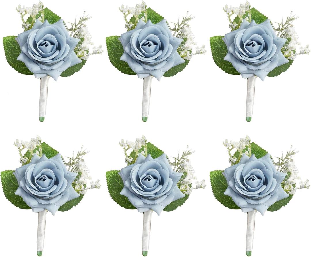 Dusty Blue Rose Boutonniere for Men Wedding, Set of 6, Wedding Flower Boutonnieres with Pins for Groom and Best Man Wedding Ceremony Anniversary, Homecoming Prom Party